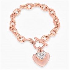 Double Heart, Crystal and Rose Gold Plated Link Bracelet