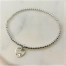 Sterling Silver Bead and Rose Gold Heart Stretch Bracelet