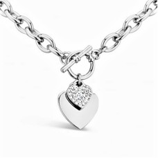 Elegant Imitation Rhodium Plated T-Bar Double Heart Necklace